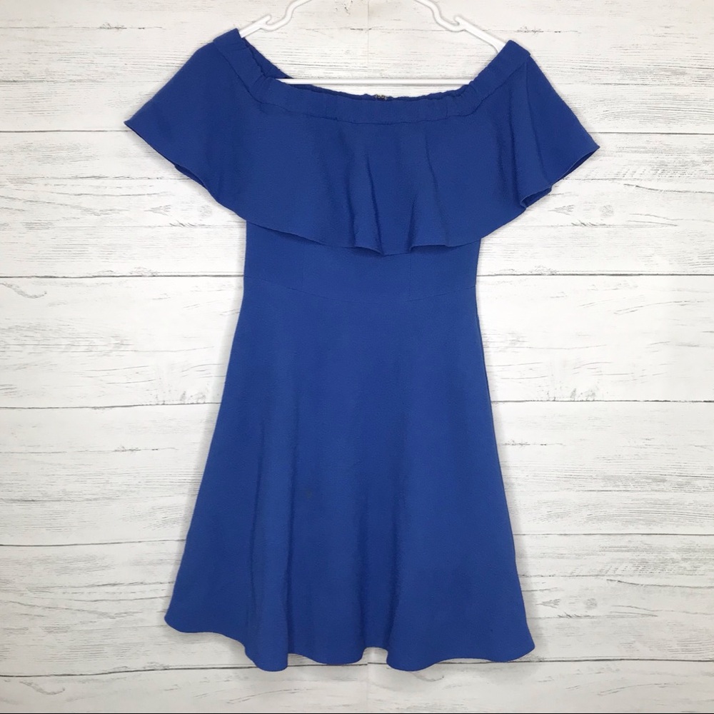 Black Halo Blue Penelope Ruffle Off Shoulder Dress